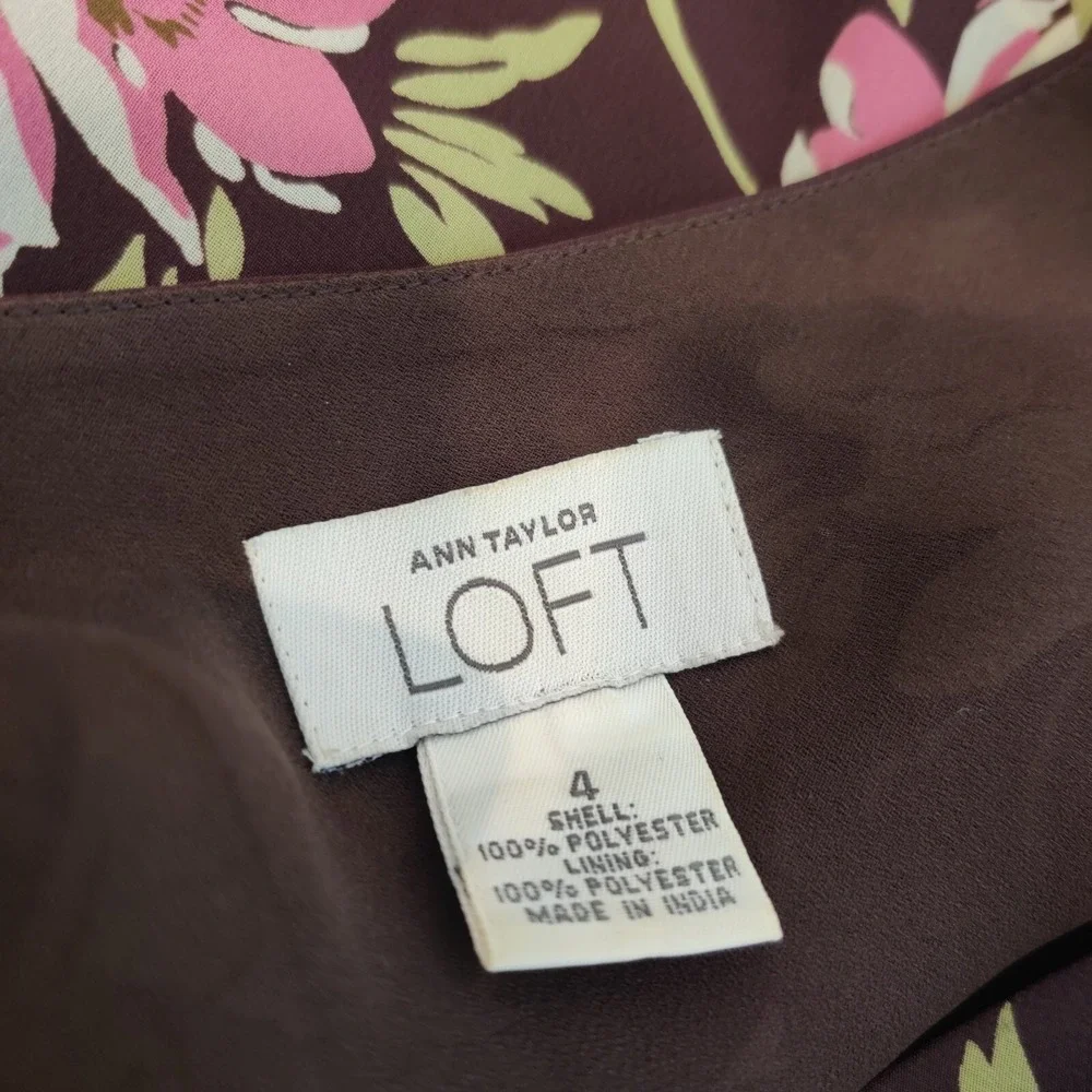 LOFT Floral‎ Dress Sleeveless Ruffled Hem Brown Pink